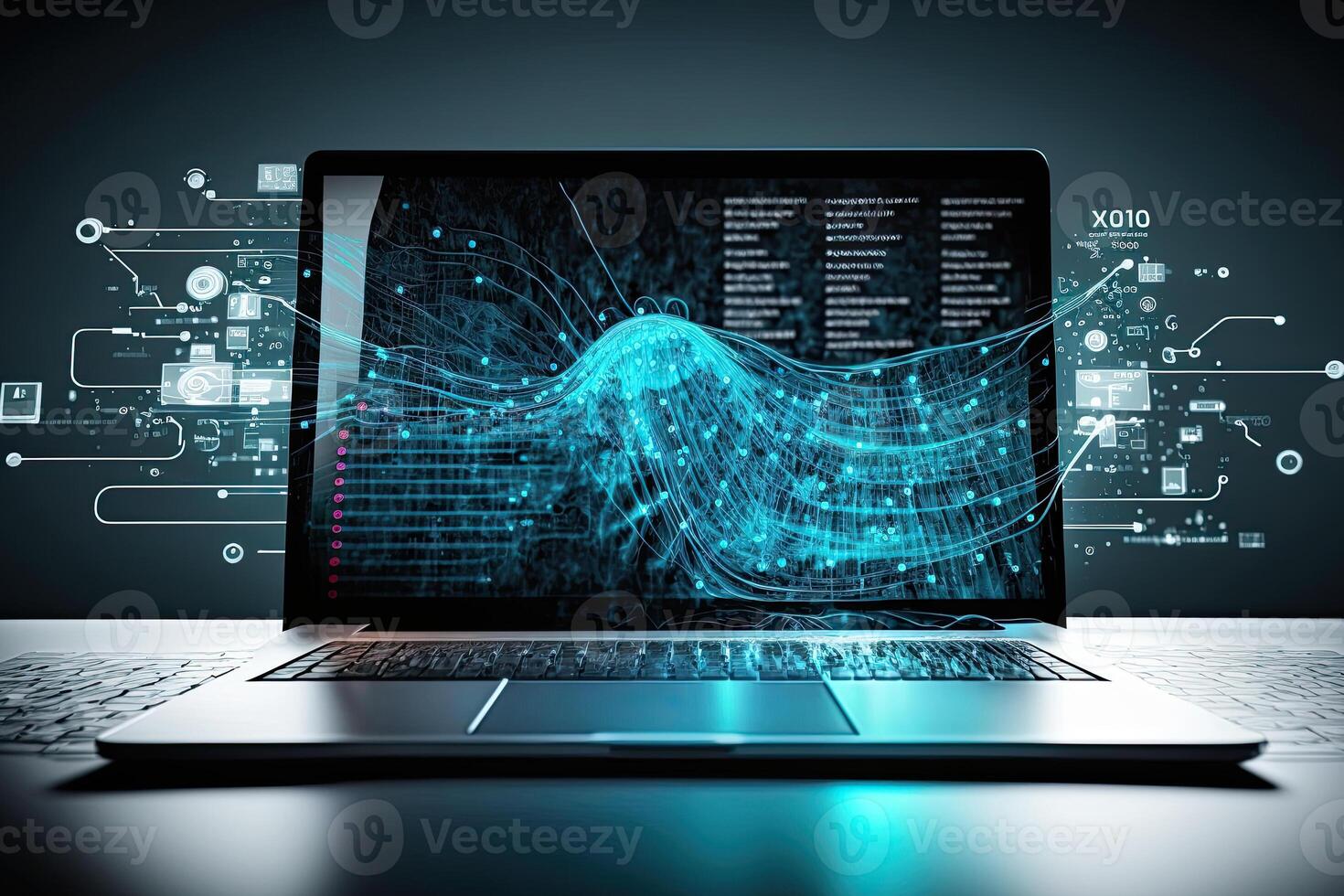 Digital data and network connection on laptop screen. Big data analysis. Network information and data protection concept. Created with photo
