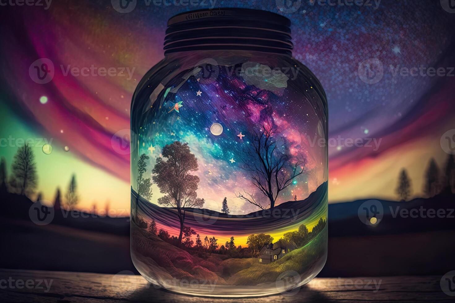 Glass jar with fantasy world inside. Capturing dream concept. Created with photo