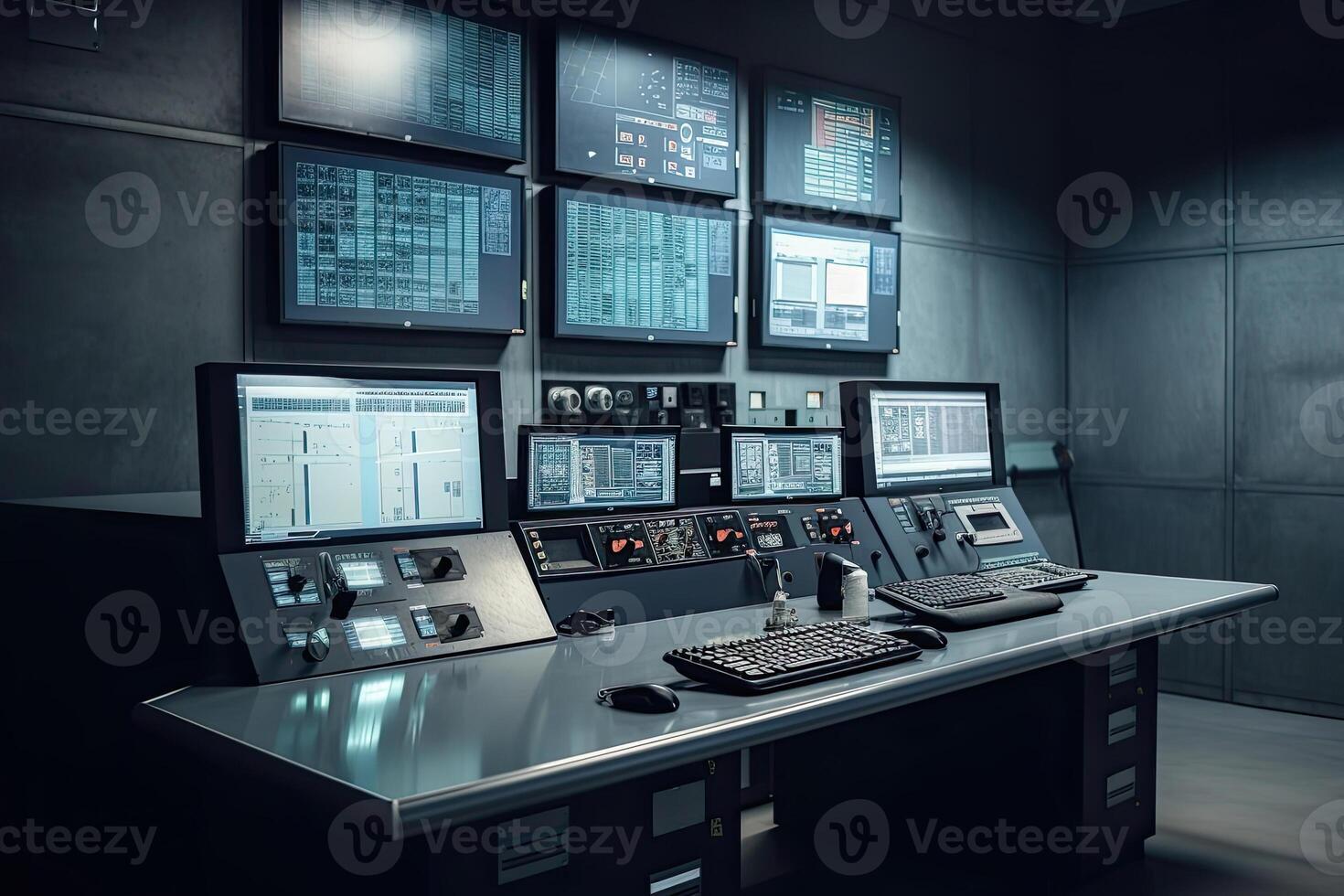 Central control panel. Operator workplace with a lot of screens and buttons for monitoring technology process at production line. Created with photo