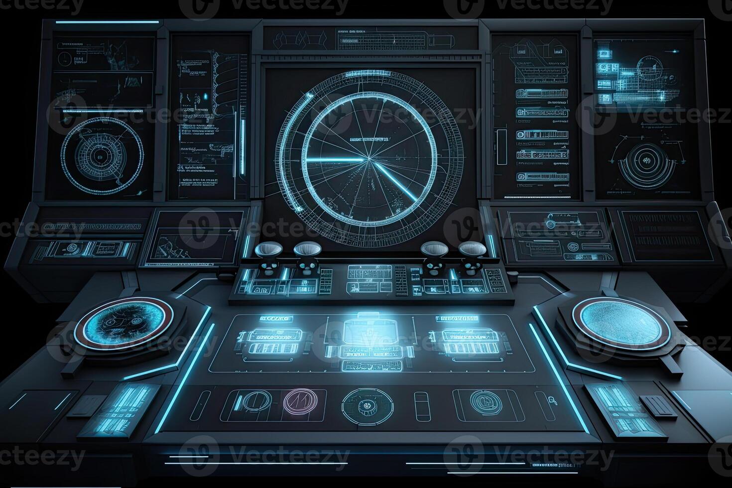 Futuristic central control panel. Operator workplace with a lot of screens and buttons for monitoring technology process at production line. Created with photo