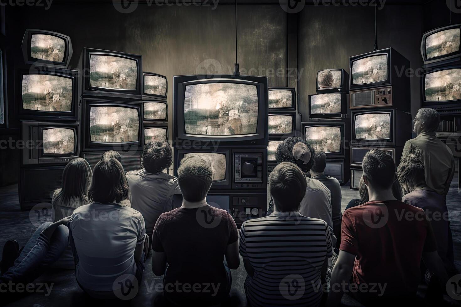 People watching a lot of retro televisions. Propaganda and fake news concept. Politicians manipulate society with help of public television. Created with photo