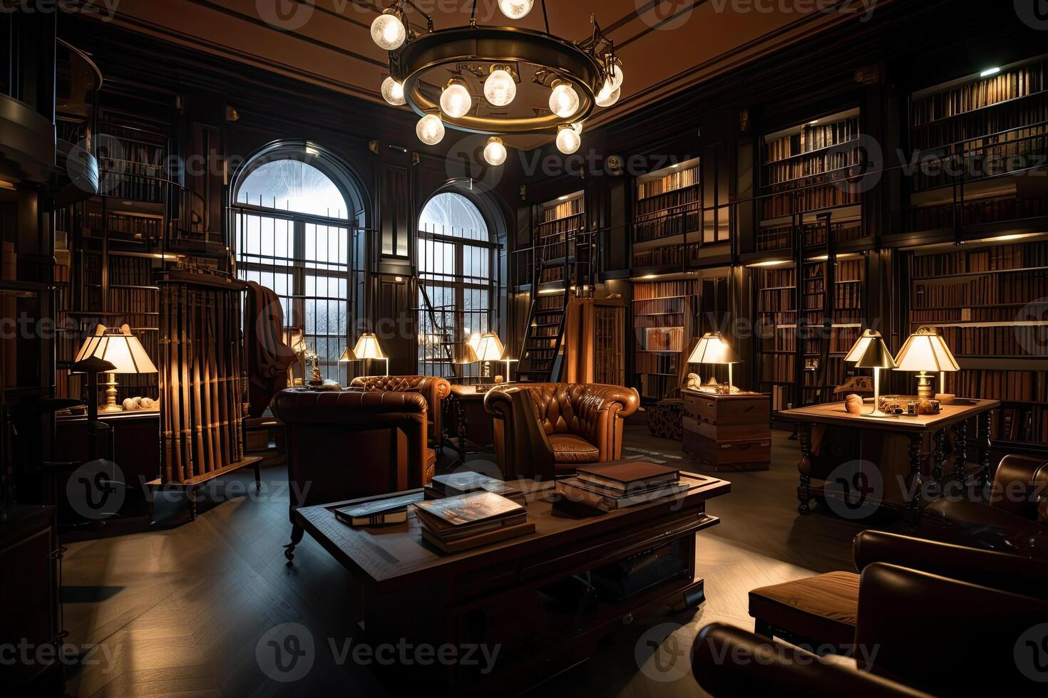 Interior of library with many bookshelves. Rows of cabinets with old books in library. Knowledge and education. Created with photo