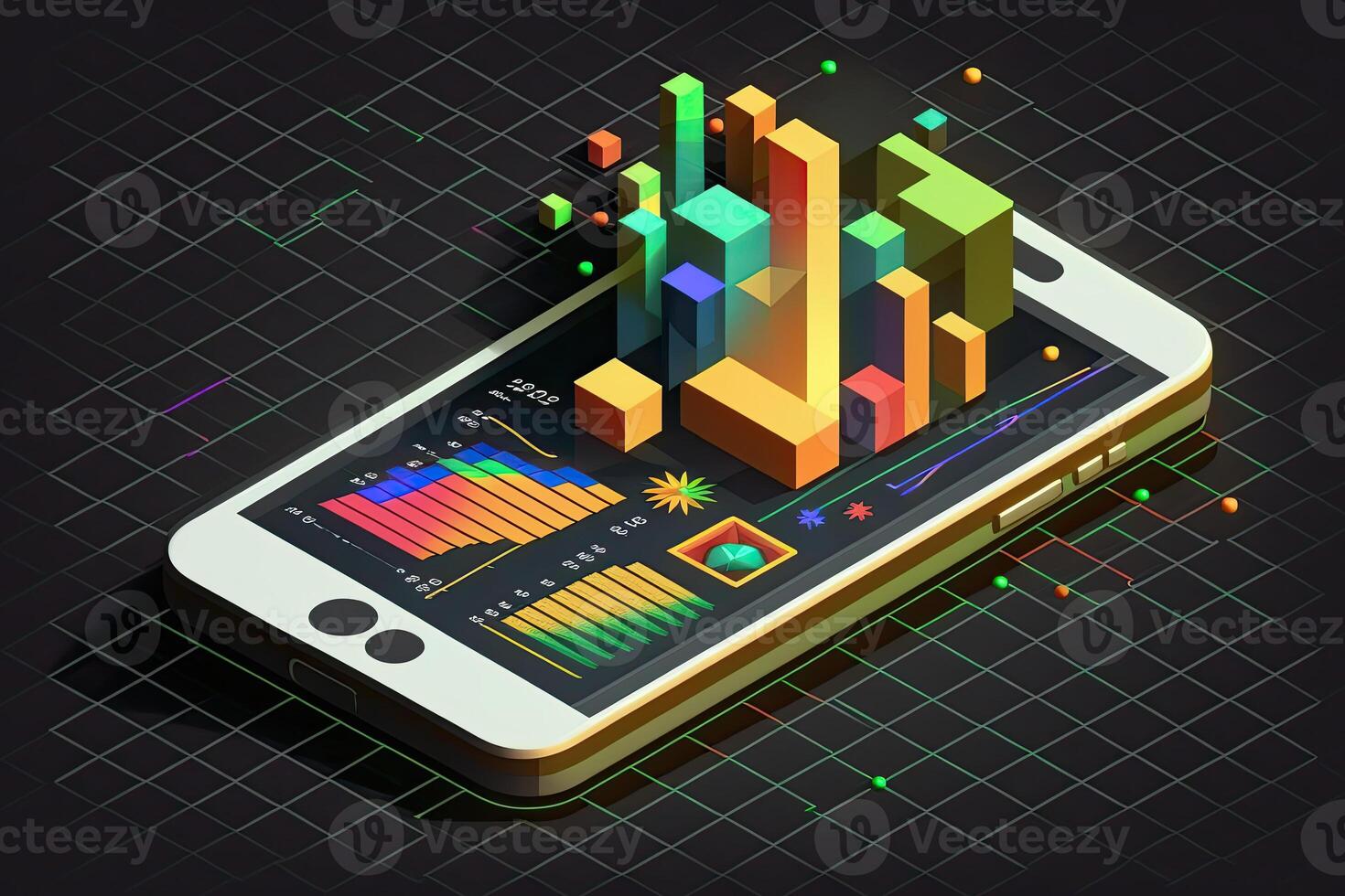 Big data analytics report. Infographic with graph and chart on abstract background. Distribution of data by business categories. Created with photo