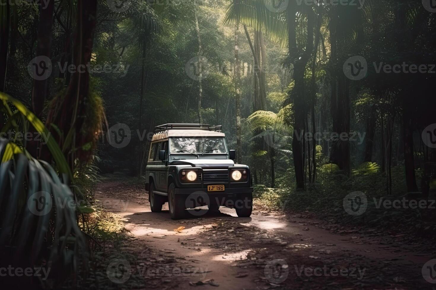 Four wheel drive SUV is driving on muddy road in jungle. Jeep on safari. Created with photo
