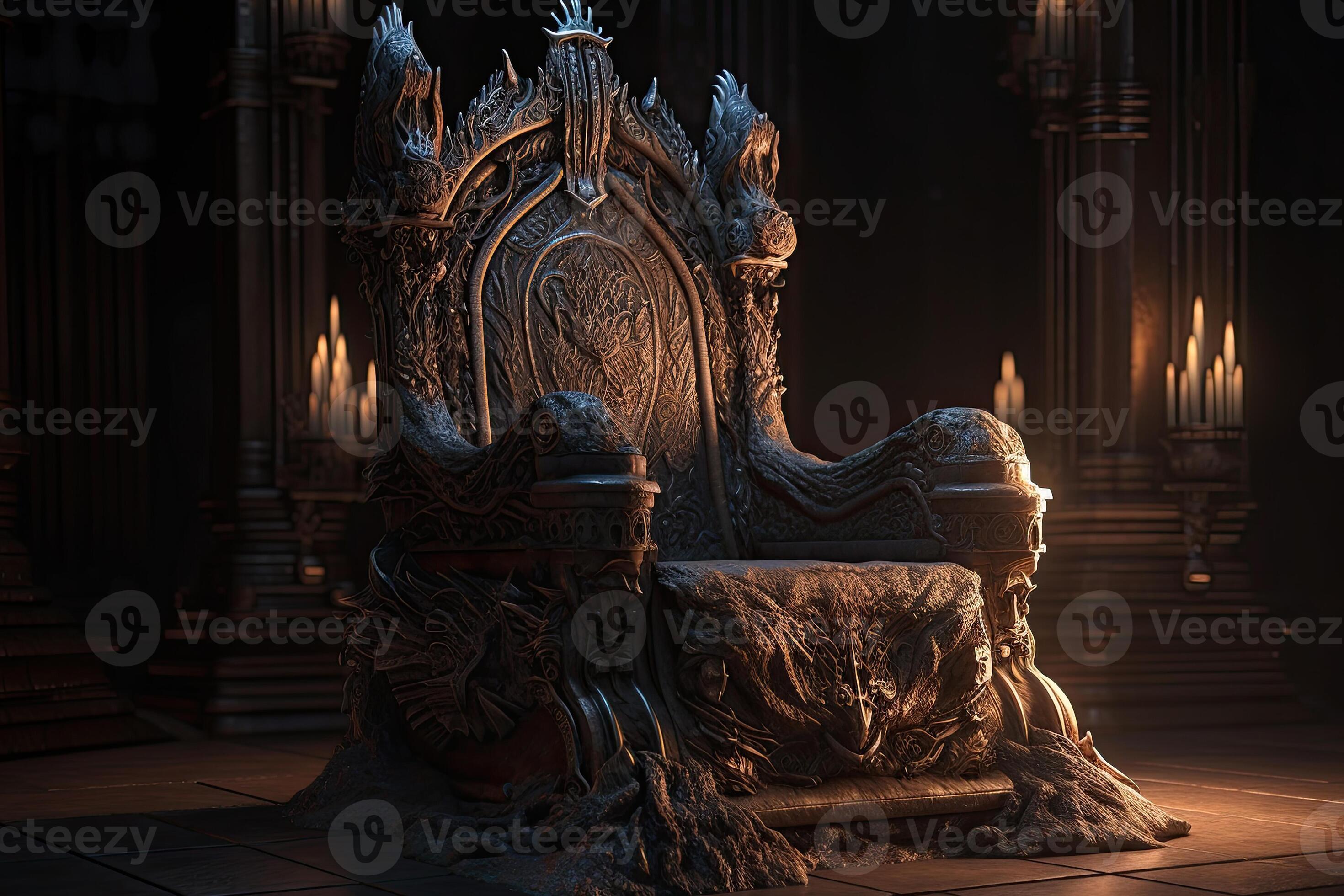 Empty royal throne in dark castle hall. Fantasy medieval throne