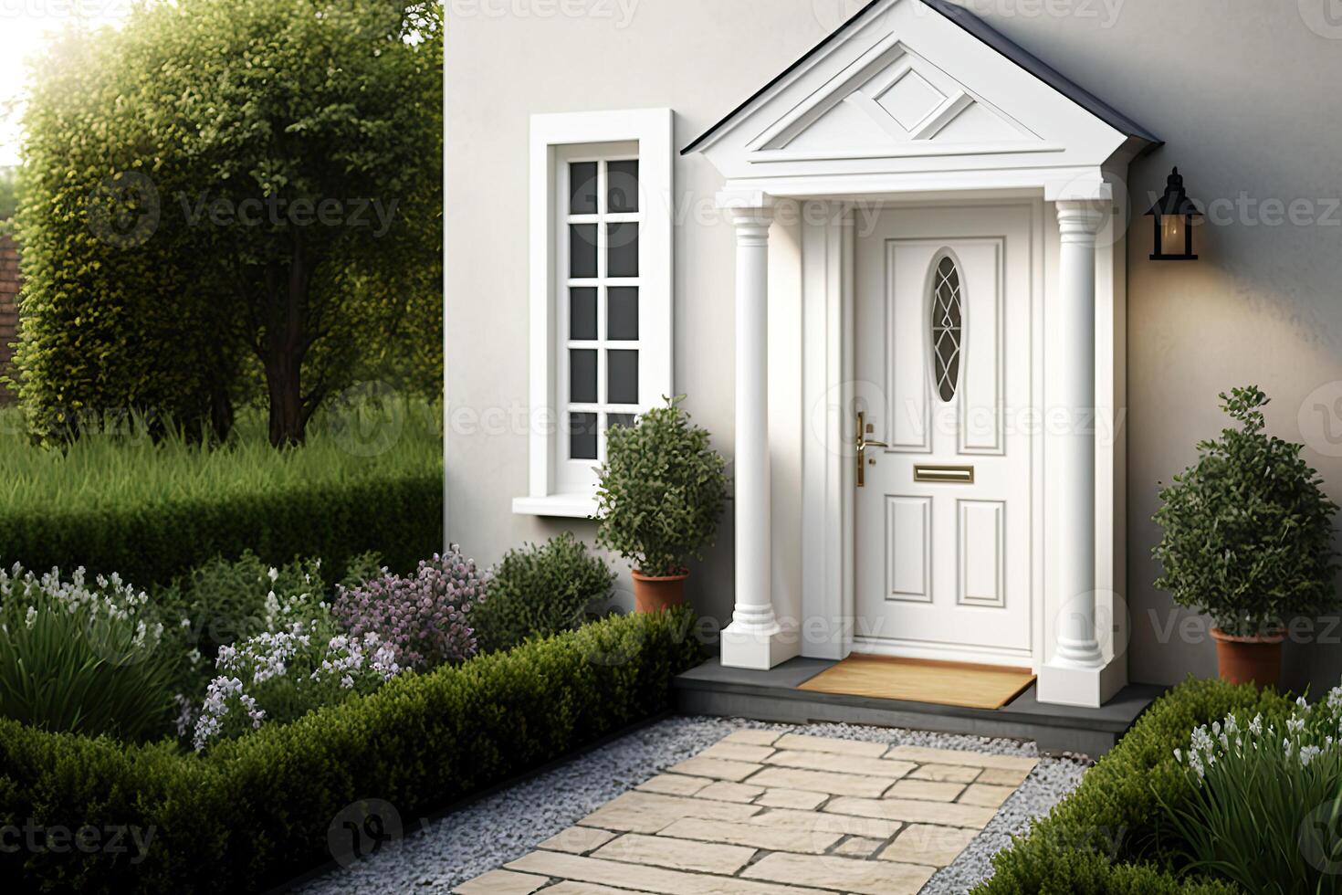 Modern house facade. Main entrance of living building. Door of luxury building with backyard in front. Created with photo