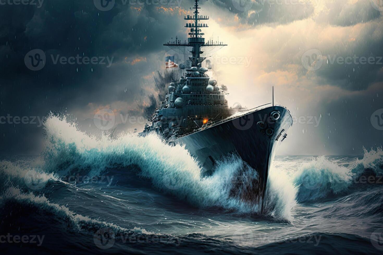 Modern warship in the sea. Military force ship sailing in ocean. Created with photo