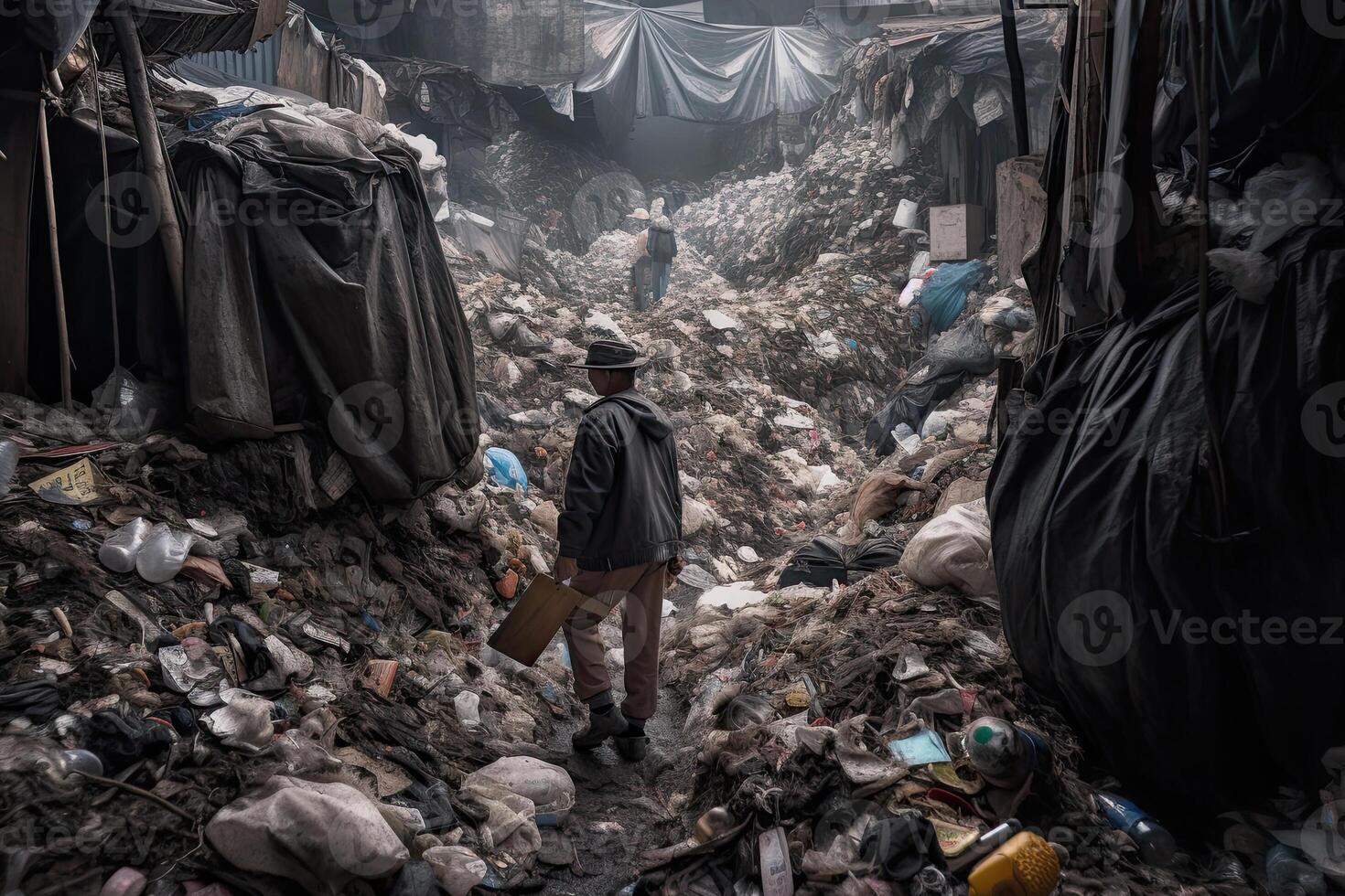 Mam standing in a huge dump with a lot of plastic waste and various used garbage. Environmental pollution concept. Created with photo