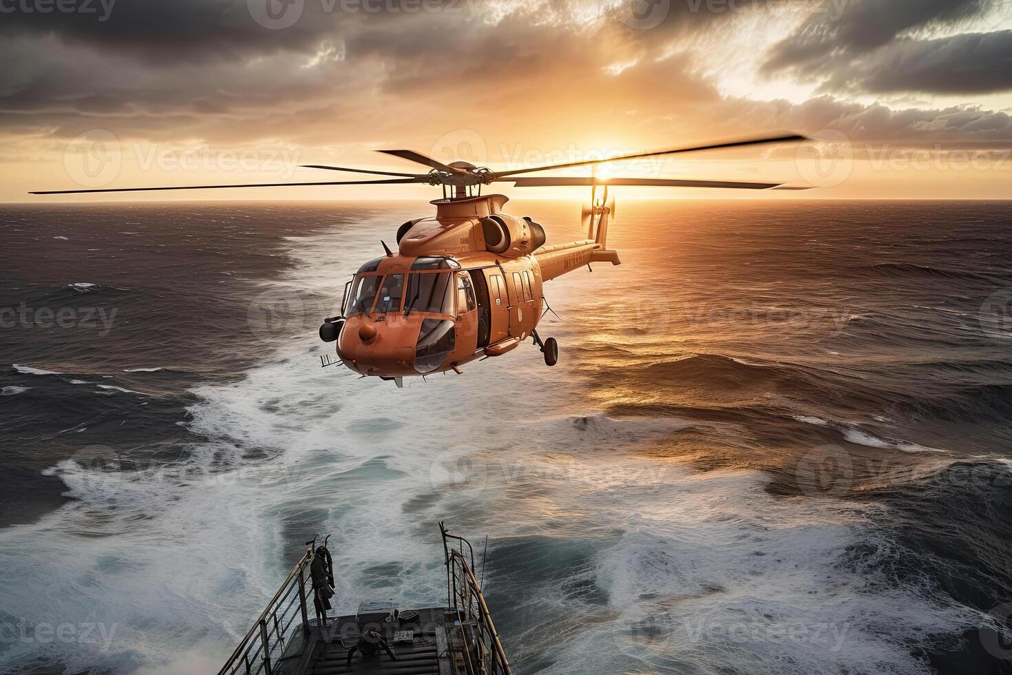 Search and rescue operation in sea. Emergency rescue helicopter flies over sea surface, looking for victims after crash. Created with photo