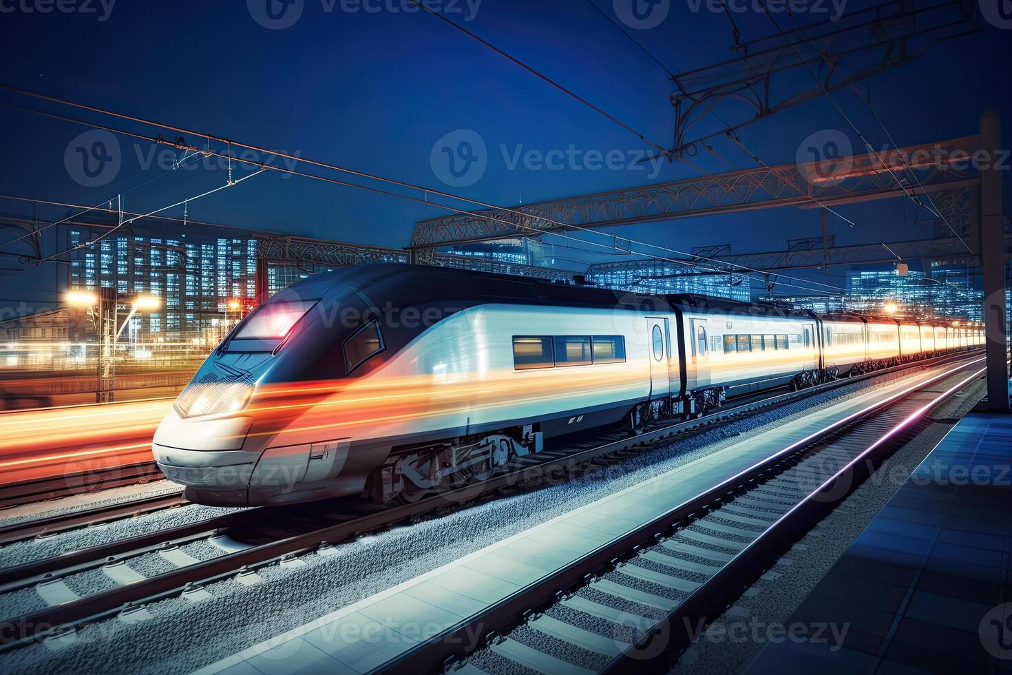 Modern high speed train at night. Fast train in city with motion blur effect, Public transport. Railway transportation. Created with photo