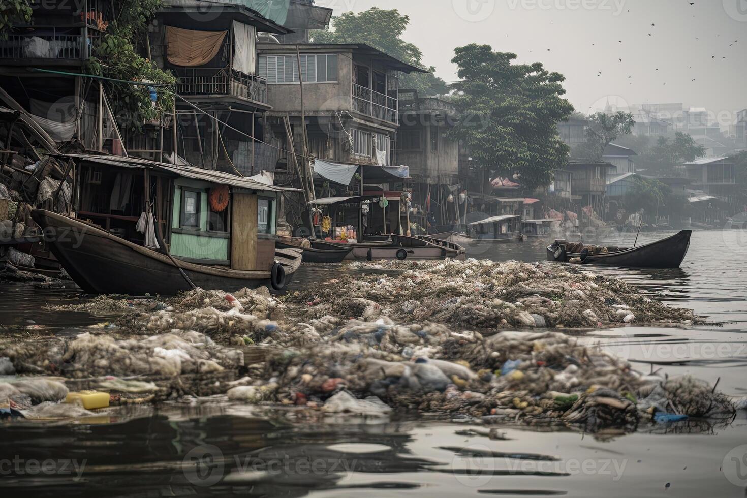 enorme tugurio con un lote de el plastico residuos y varios usado basura. ambiental contaminación concepto. creado con generativo ai foto