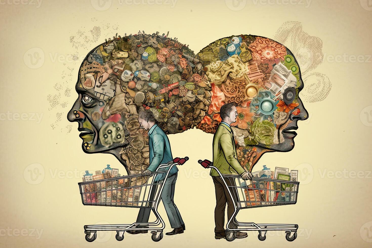 Two men with shopping cart full of different goods. Concept of shopaholism and overconsumption. Male consumer thinking about future purchasing. Created with photo