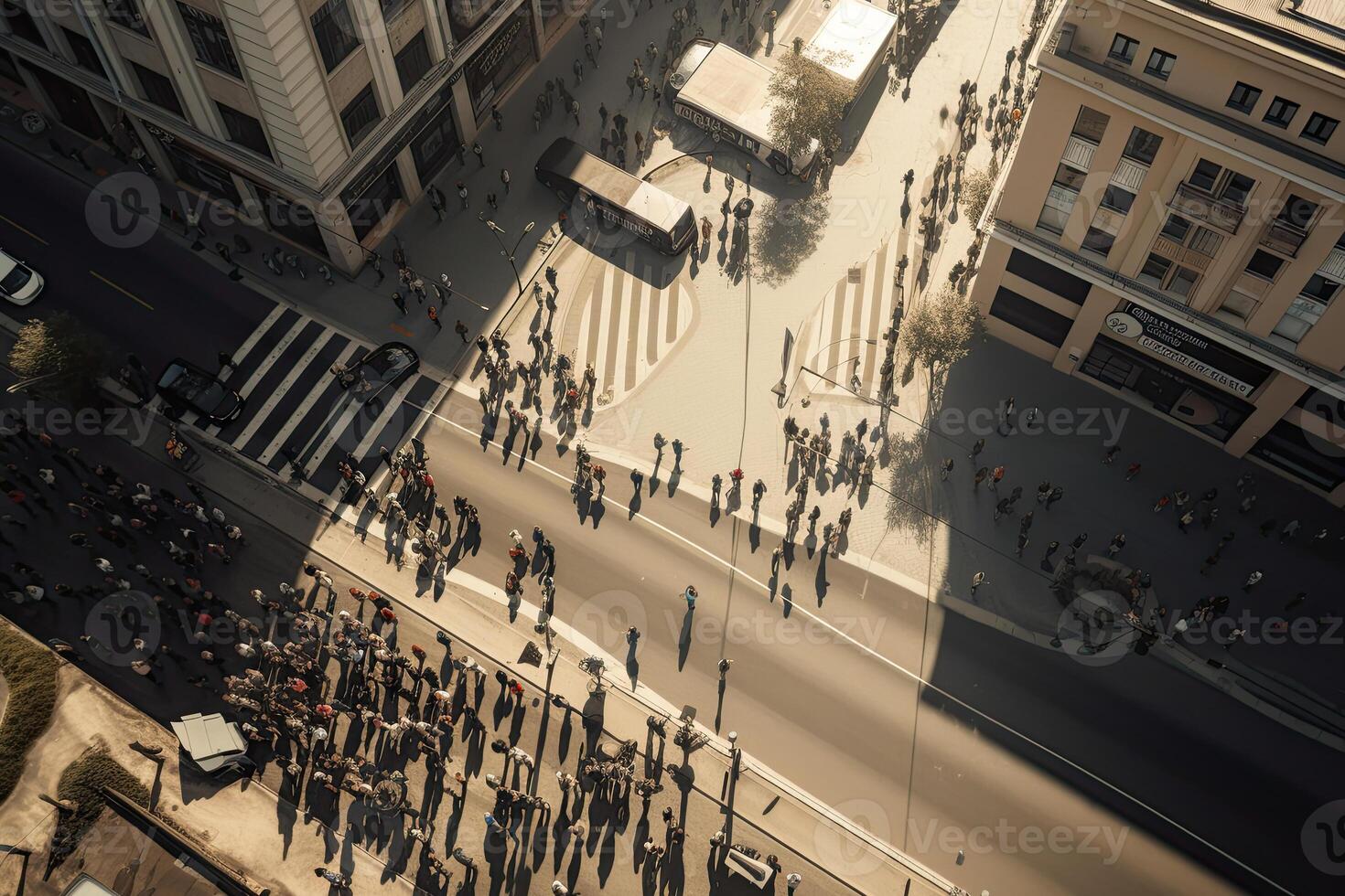 Protesting crowd at city street. Protesting people marching at city, aerial view. Social problems in society. Protest activists. Crowd with raising fists and banners. Created with photo