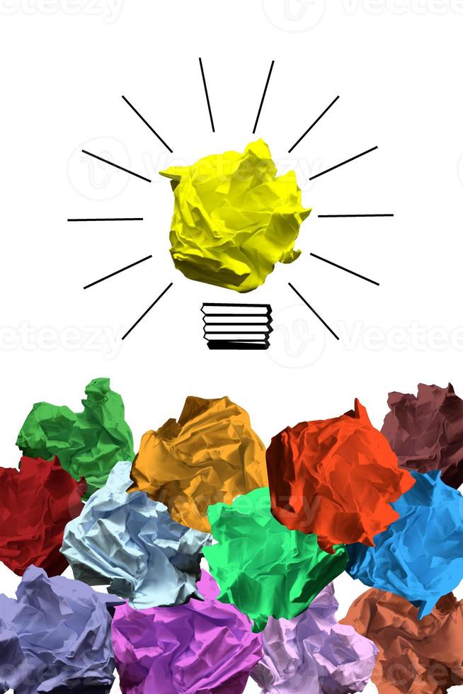 Light Bulb Icon and Colorful Crumpled Papers - Idea, Creativity Concept photo