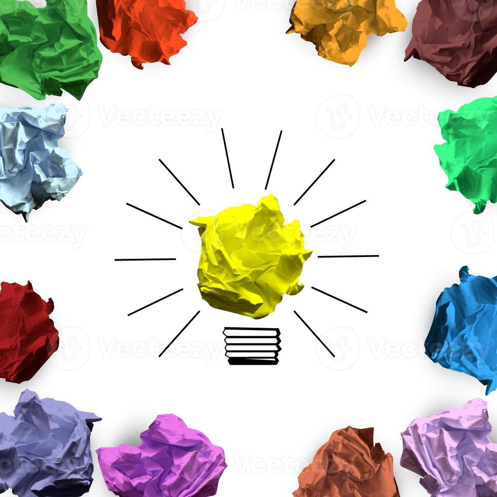 Light Bulb Icon and Colorful Crumpled Papers - Idea, Creativity Concept photo