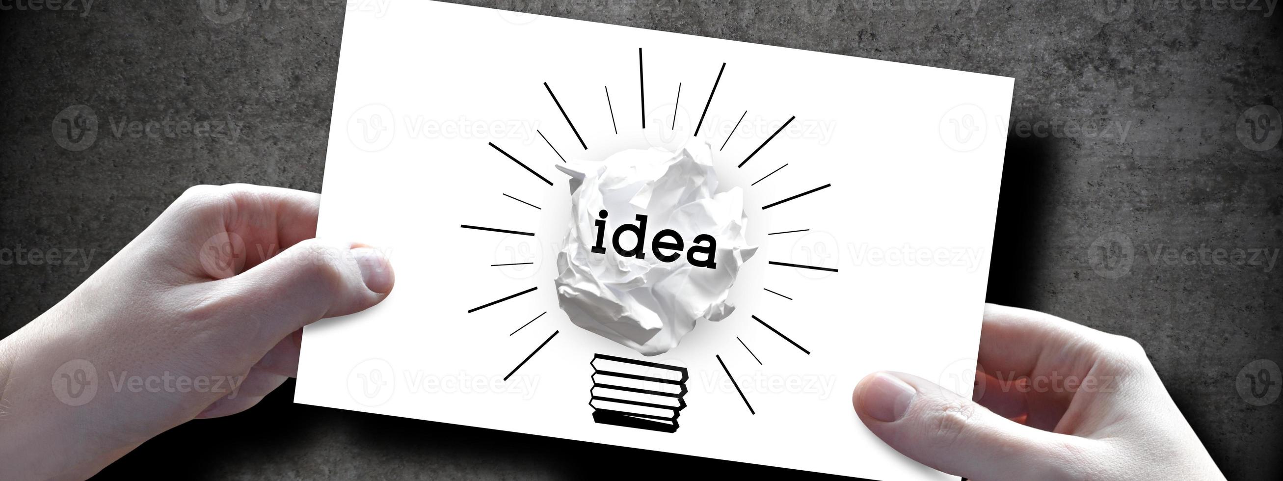 Idea, Creativity Concept - Human Hands Holding Piece of Paper with Paperball Light Bulb photo