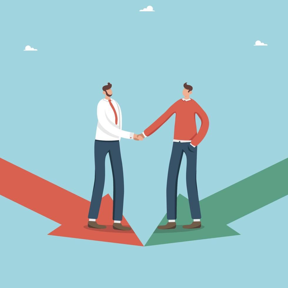 Teamwork or brainstorming for success, cooperation or partnership, business merger or acquisition, common interests or motivation to solve problems, businessman's make a deal and shake hands in arrows vector