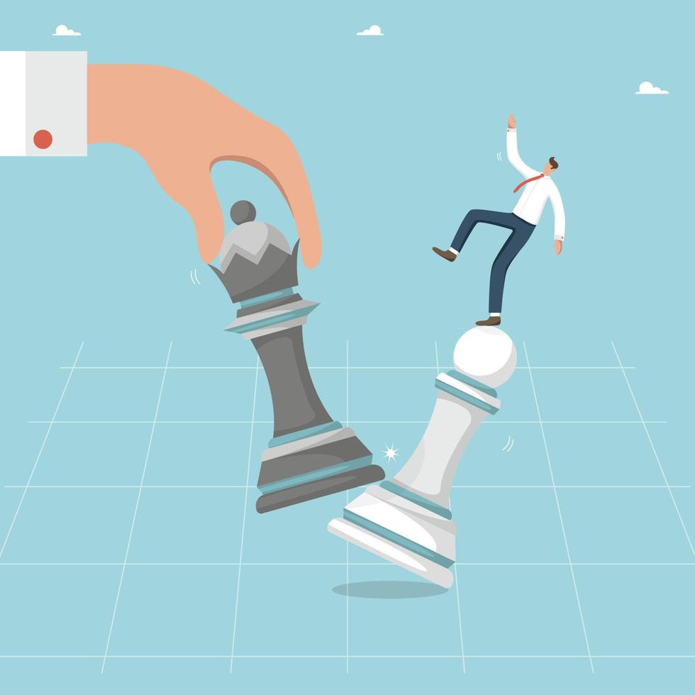 Risky innovation or investment, serious business competition in the market, choosing a losing strategy, wrong development path, business failure and separation, man loses and falls from a chess piece. vector