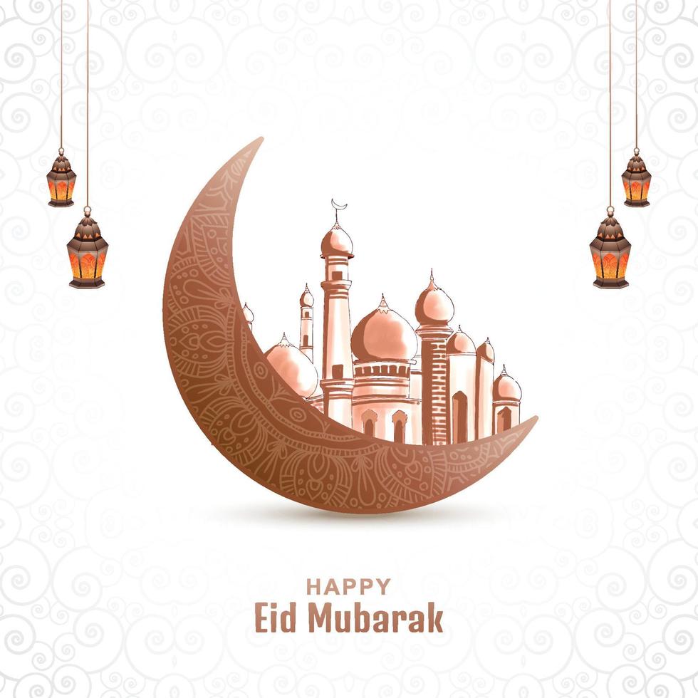 Eid mubarak moon and mosque festival background vector