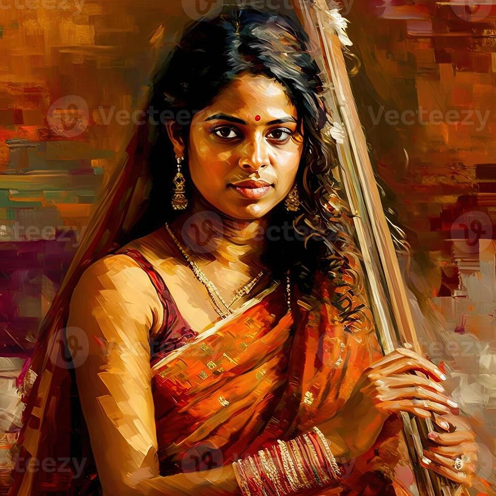indian girl with veena sitar painting Generative AI 21924345 Stock