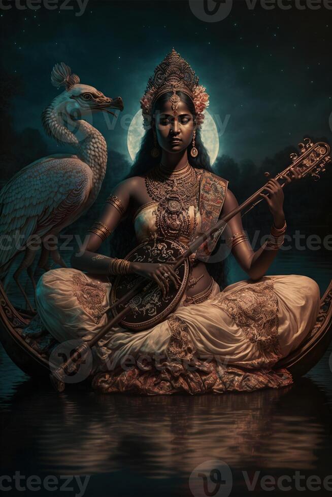 diosa saraswati digital Arte cósmico brillante imagen generativo ai foto