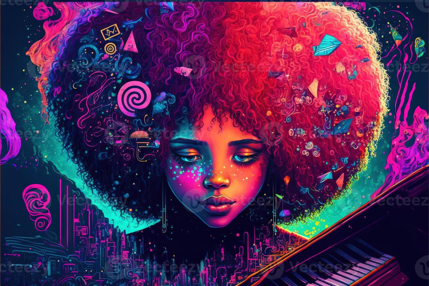 Girl with piano big hairs colorful sacred photo