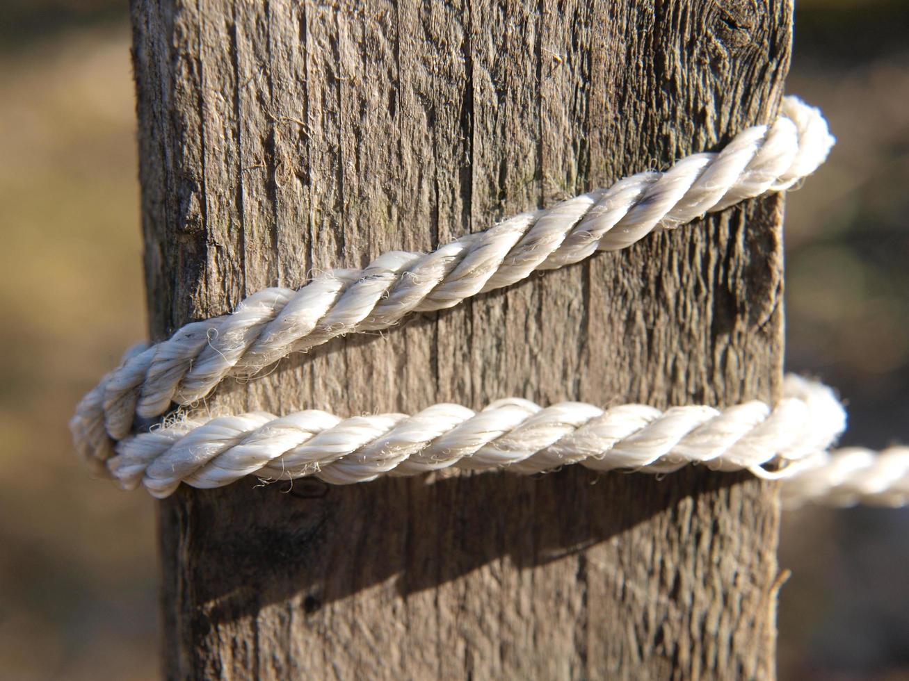 White rope tied around some wood detail photo