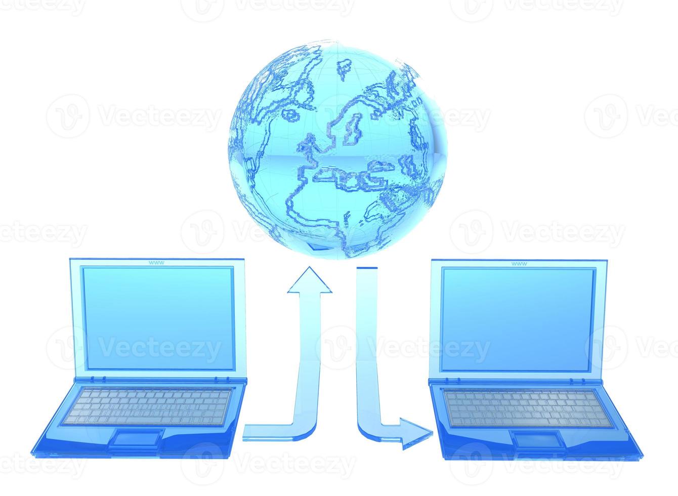 Internet communication. World Wide Web and laptops. 3d render of laptops and globe photo