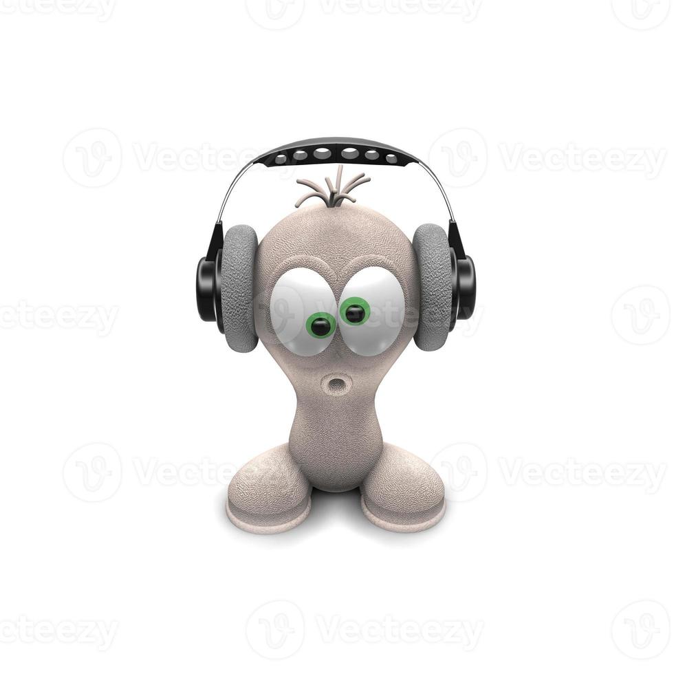 hombre con auriculares. pequeño gracioso hombre. personaje. 3d hacer de un pequeño hombre escuchando a música. gracioso personaje foto