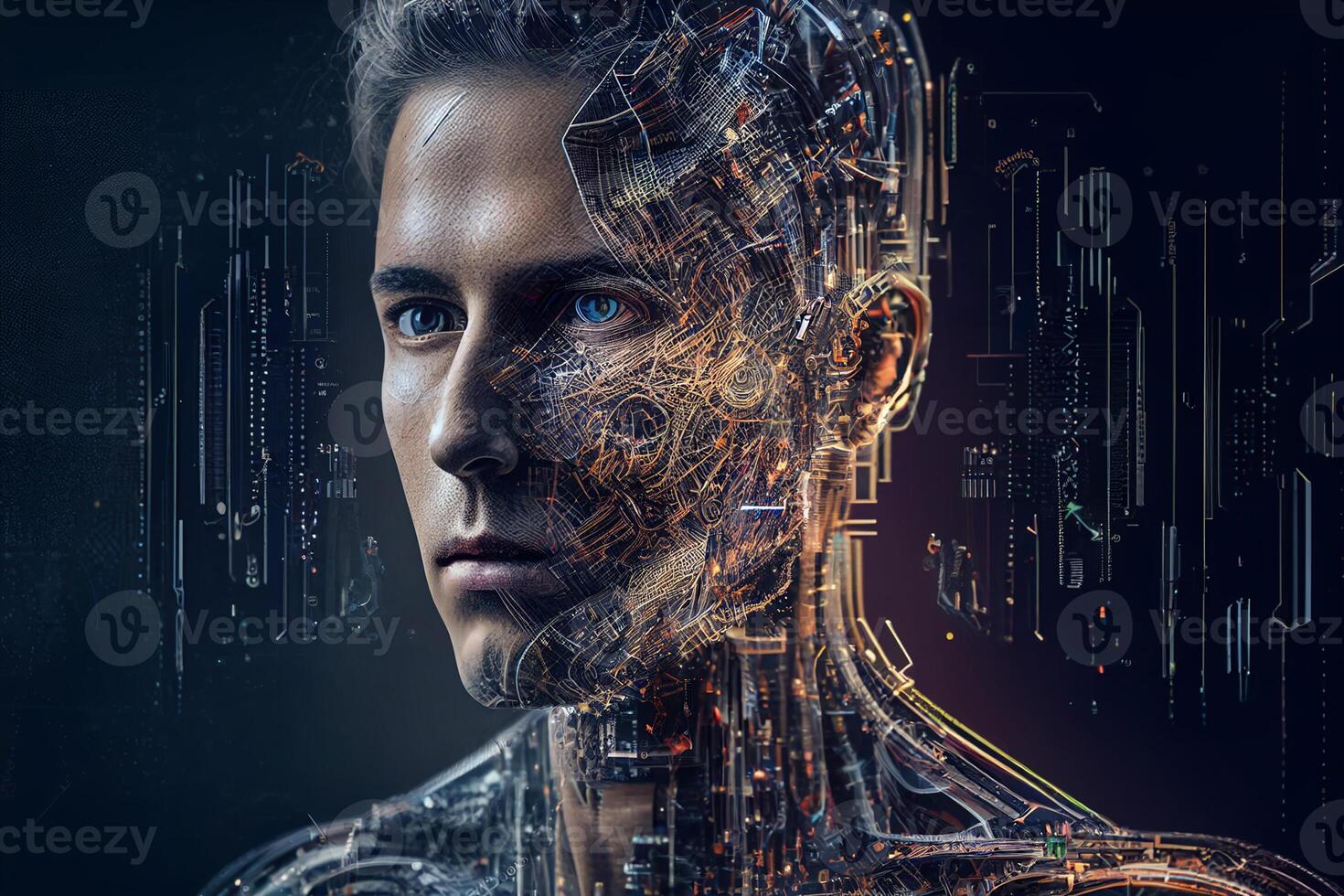 man head with brain and circuit board, photo