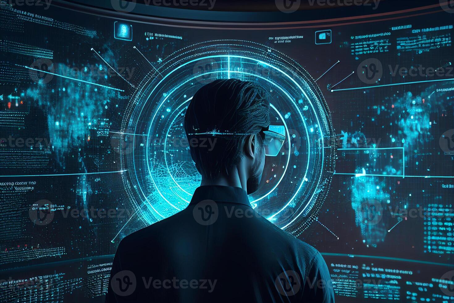 Rear view of businessman looking at virtual panel with graphs and diagrams photo
