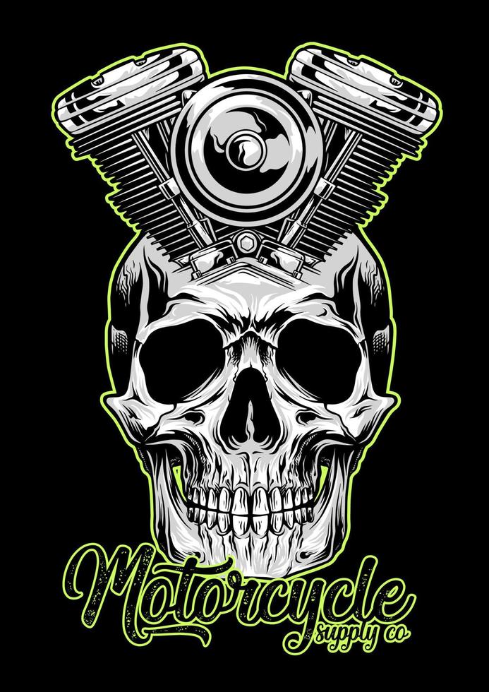 cráneo con motocicleta máquina. cabeza de calavera vector ilustración