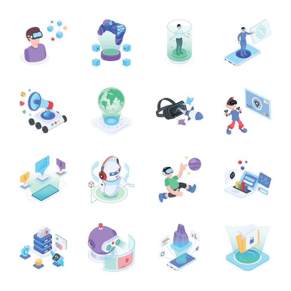 Collection of Virtual Reality Icons in Isometric Style vector