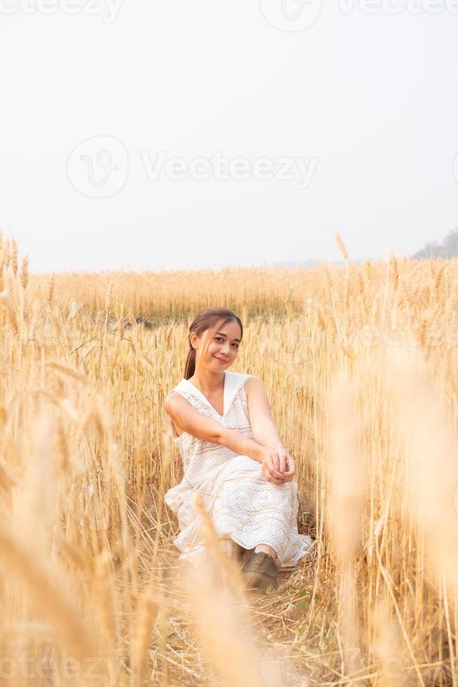 Young Asian women  in white dresses  in the Barley rice field photo