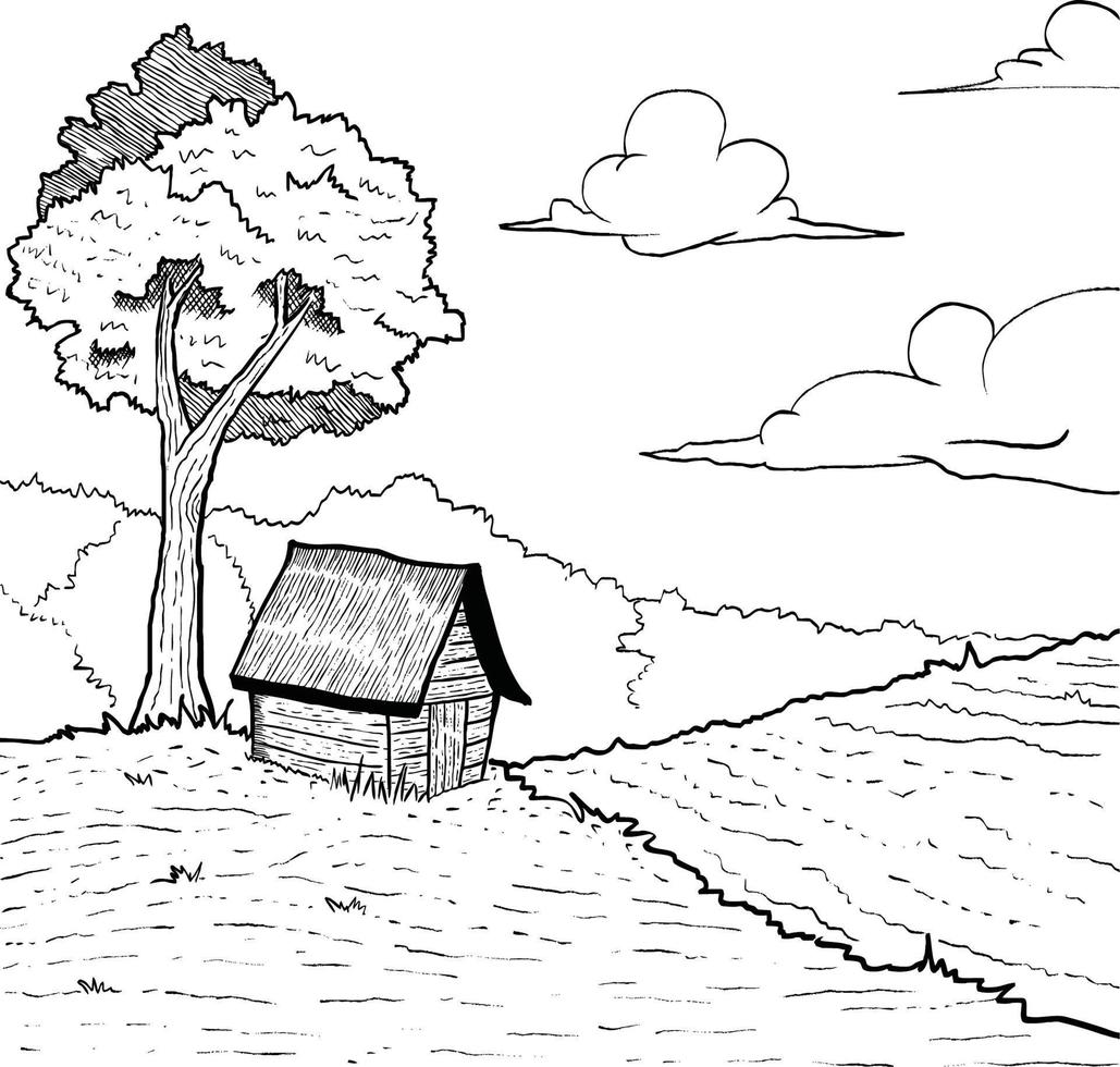 vector sketch of a house in the hills. hand drawn