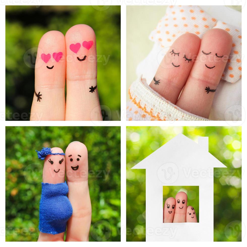 Collage finger art of a happy couple. The different stages of the life of a couple dating, love, pregnancy, birth of a child. photo