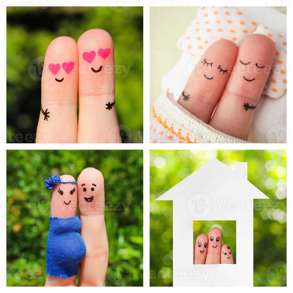 collage dedo Arte de un contento Pareja. el diferente etapas de el vida de un Pareja tener una cita, amar, el embarazo, nacimiento de un niño. foto