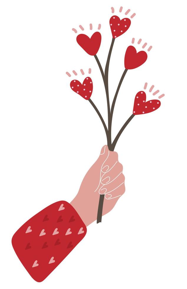 Hand drawn human hand holding twig with heart shaped flowers vector