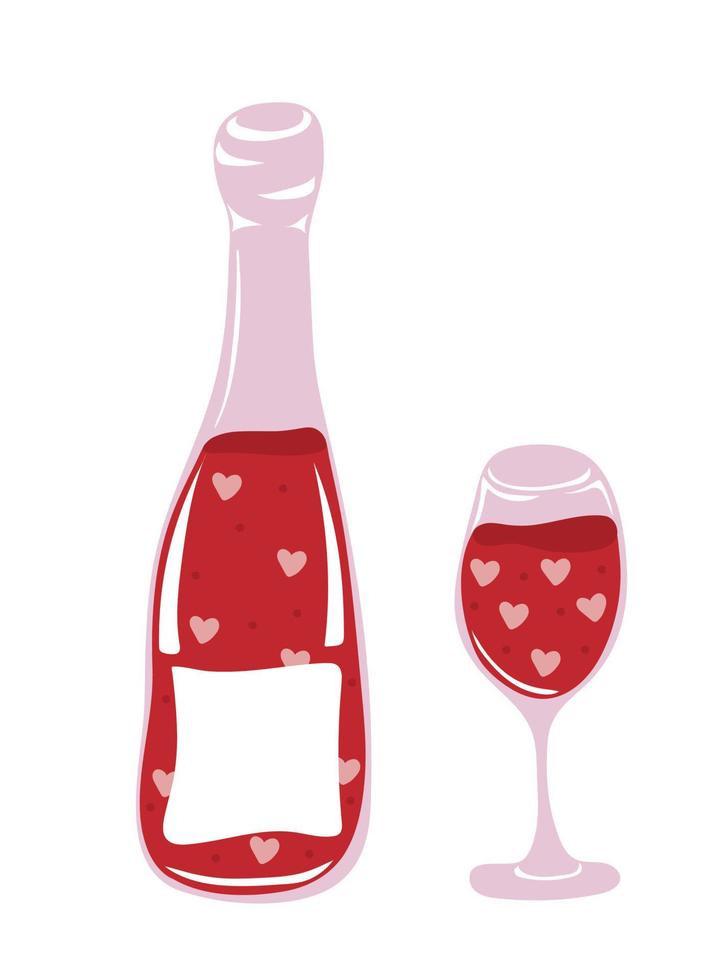 mano dibujado vino botella y vino vaso con corazones vector