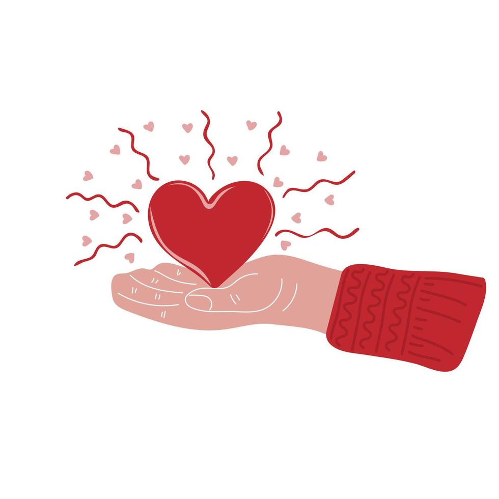 Hand drawn human hand holding heart. Valentines day or hand charity concept vector