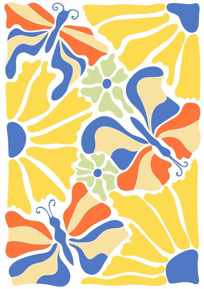 Abstract retro poster with butterflies and flowers in naive style vector