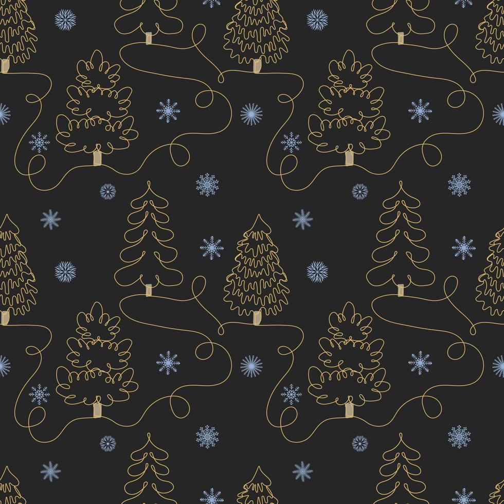 Winter seamless pattern with christmas trees and snowflakes on black background vector