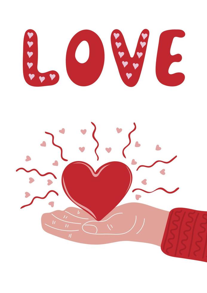 Love text. Valentine's day poster or greeting card with human hand holding heart vector