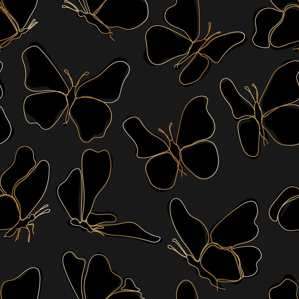 Seamless pattern with golden flying butterflies on dark background vector