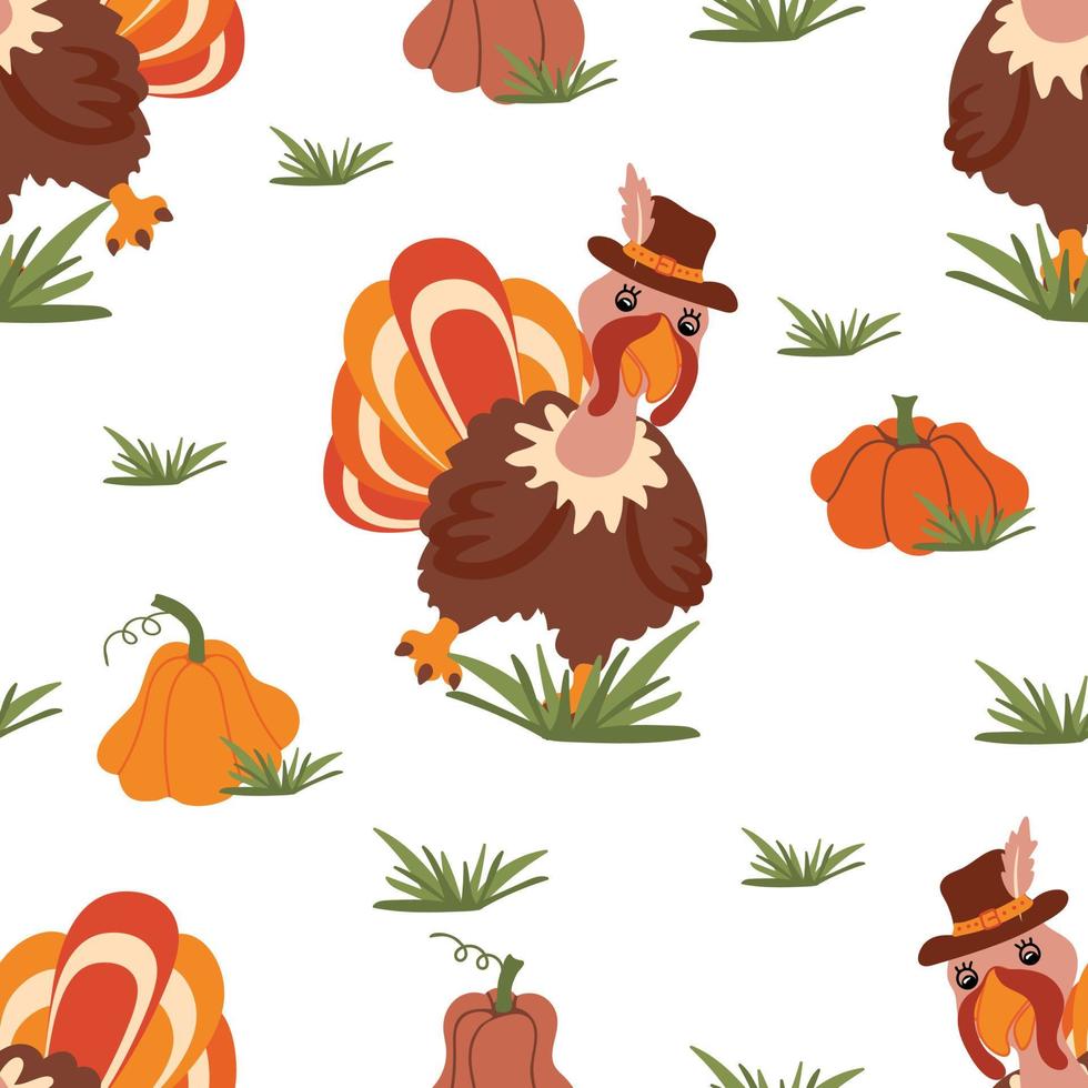 Seamless pattern with turkey and pumpkins vector