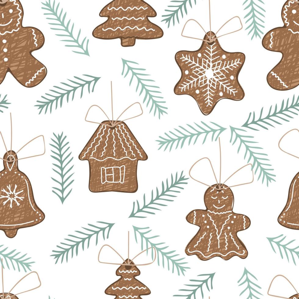 Seamless pattern with hand drawn gingerbreads and branches of christmas tree vector