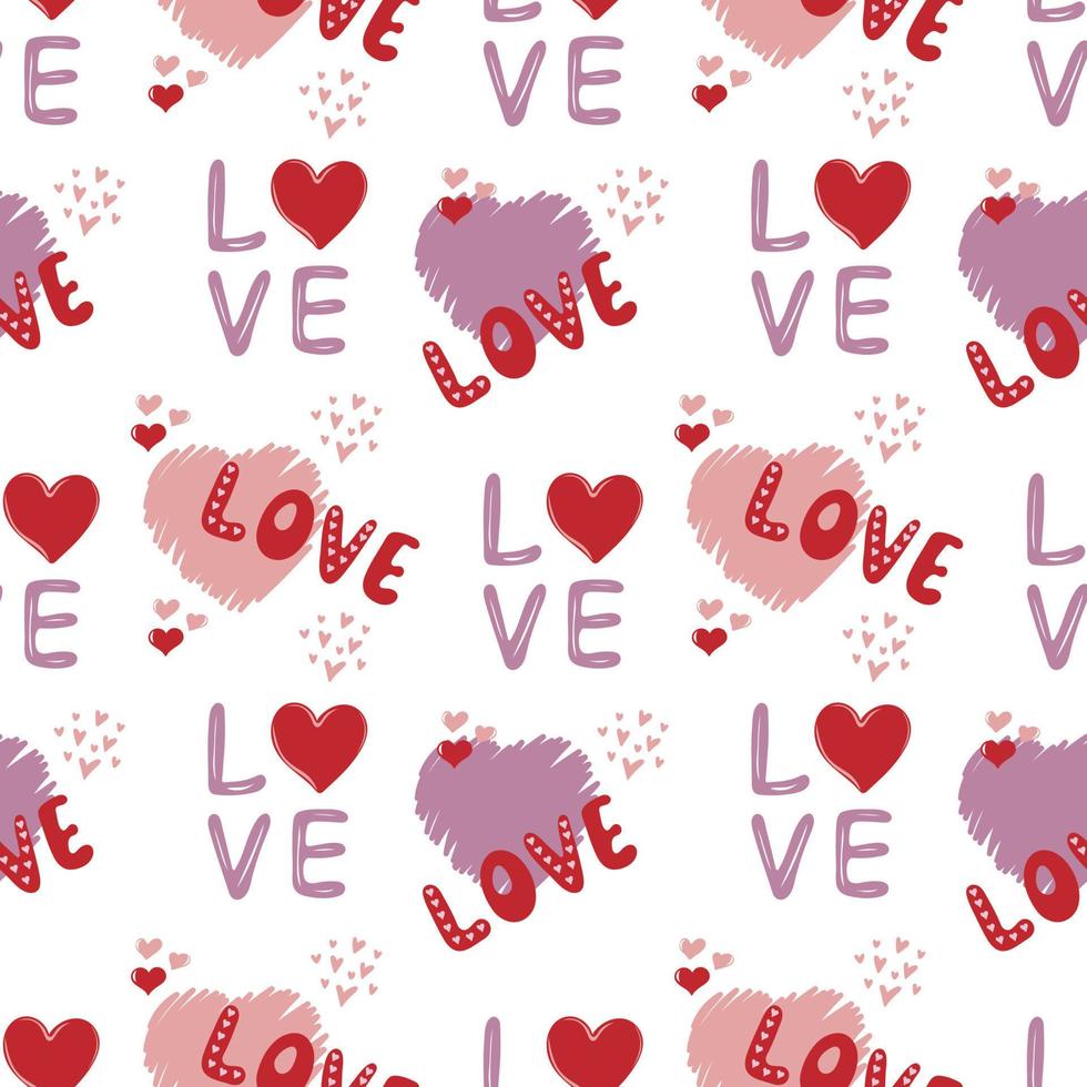 Seamless pattern of hearts and love text on white background vector