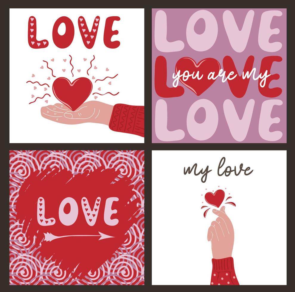 conjunto de mano dibujado plantillas saludo tarjetas con romántico objetos y citas vector