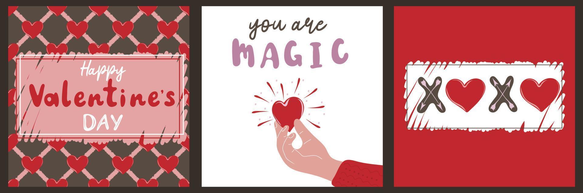 Set of hand drawn templates greeting cards with romantic objects and quotes vector