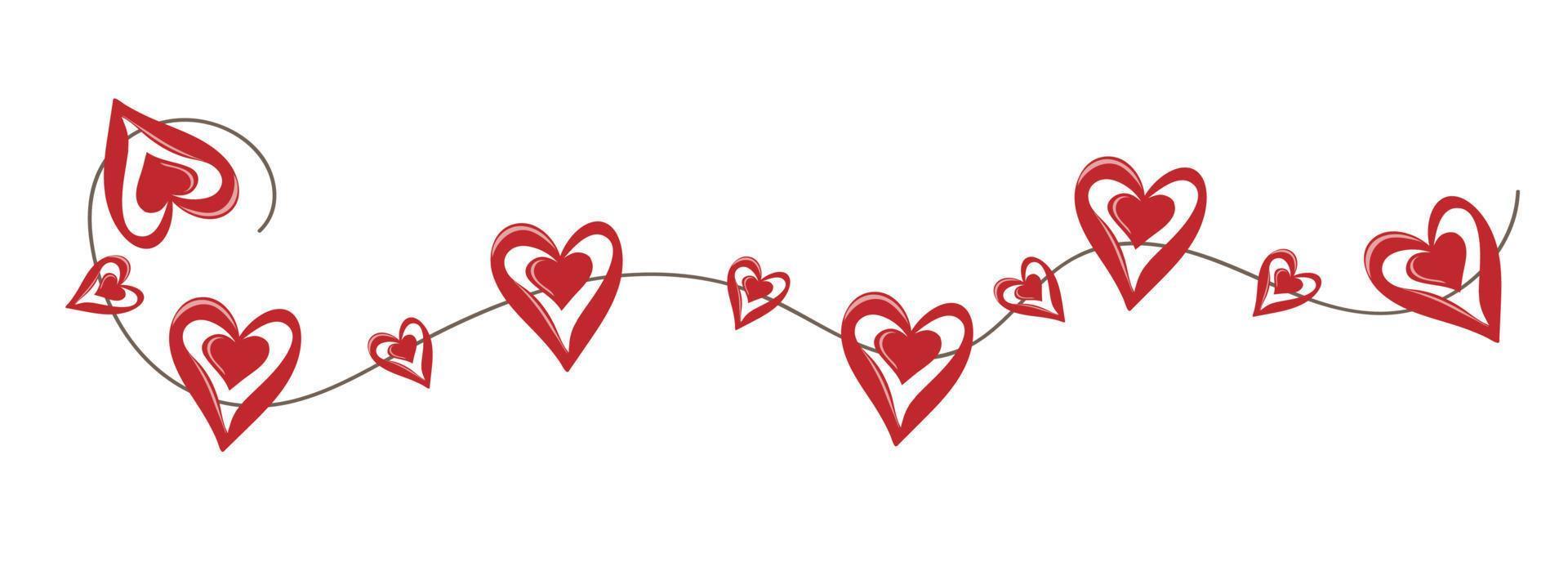 Hand drawn red heart garland isolated on white background. Hearts border vector